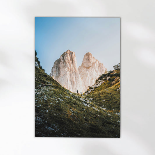 Scenic Saxer Lücke hiking photography print capturing the Swiss Alps' rugged beauty at sunrise.