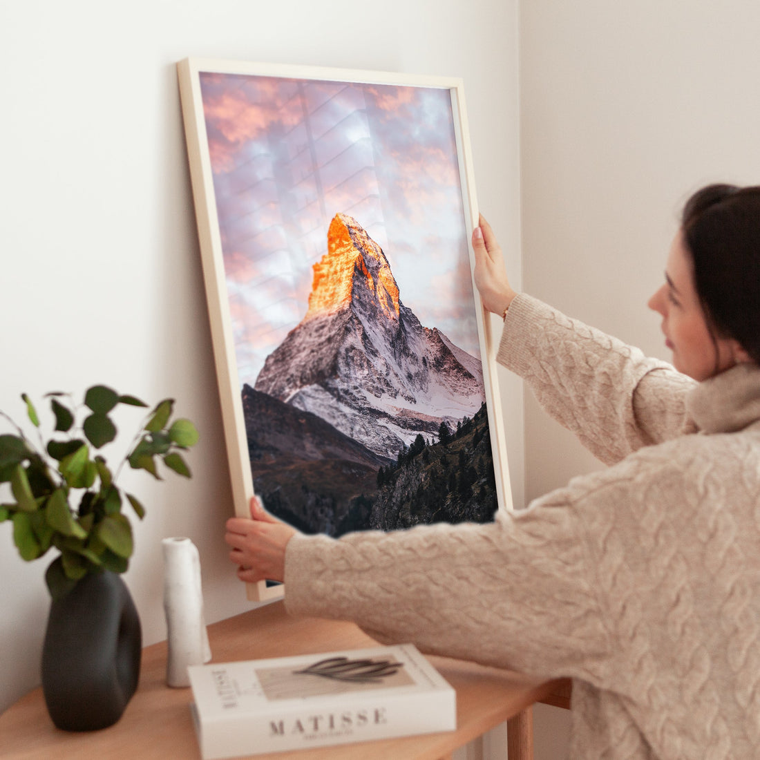 Elegant Swiss Alps wall art print of the Matterhorn at sunrise, perfect for alpine-inspired decor.