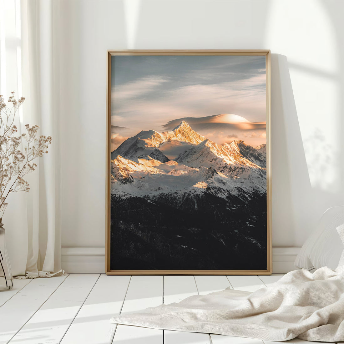 Panoramic Swiss Alps print featuring the Weisshorn peak glowing in warm sunset hues.