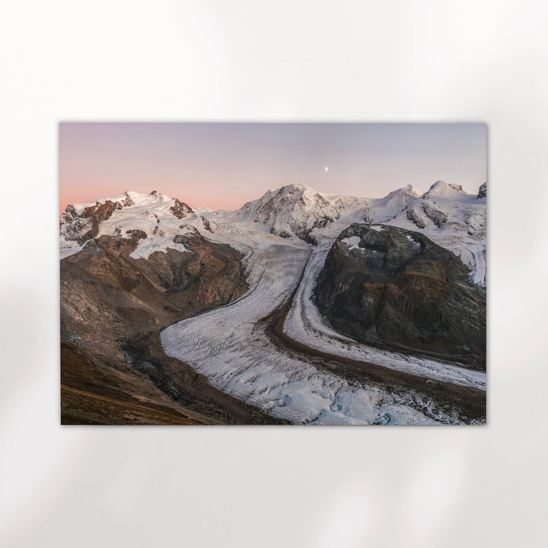Fine art photo print of the Gorner Glacier glowing under soft sunset light, framed by Monte Rosa peaks.