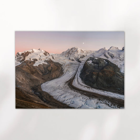 Fine art photo print of the Gorner Glacier glowing under soft sunset light, framed by Monte Rosa peaks.