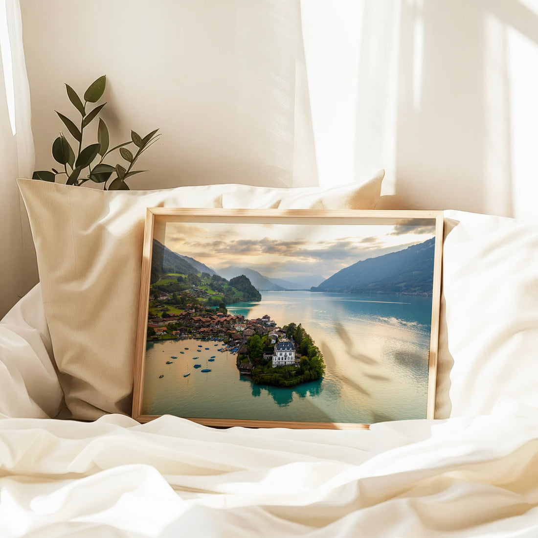 A serene and picturesque wall art print featuring Iseltwald village and the tranquil turquoise waters of Lake Brienz.