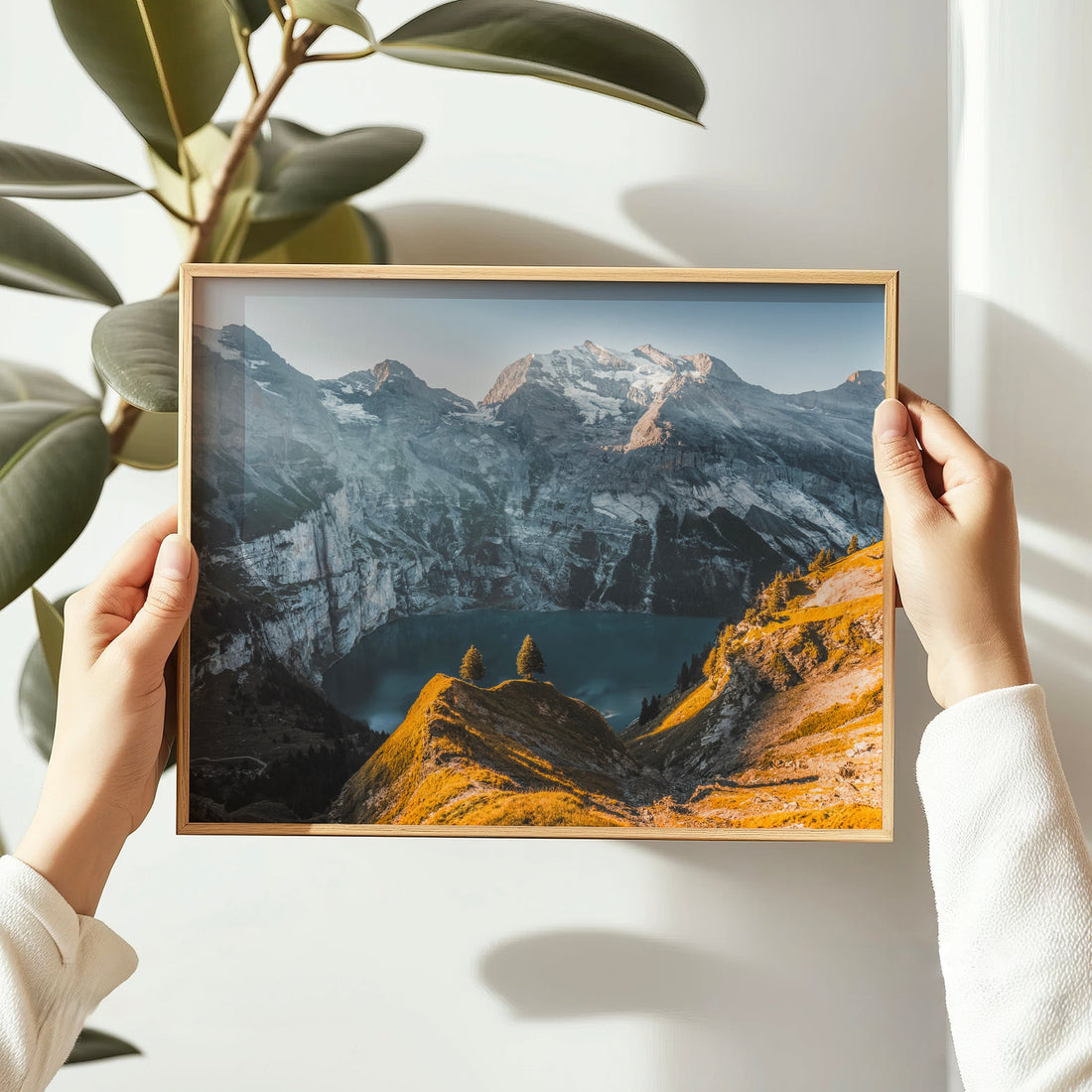 Captivating Swiss lake wall art featuring Oeschinensee’s crystal waters surrounded by steep alpine cliffs.