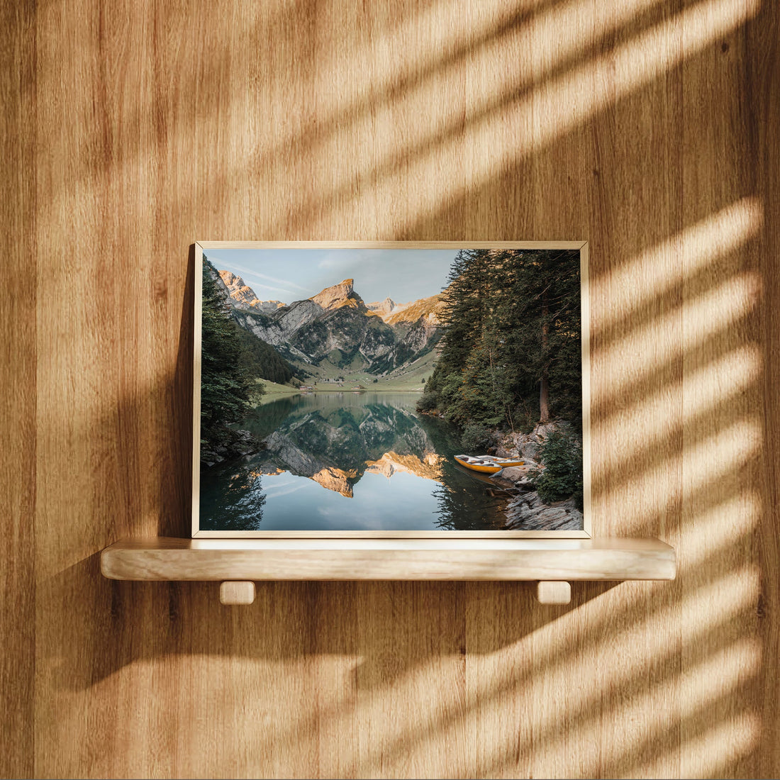 Art print featuring the Swiss Alps reflected in the tranquil waters of Seealpsee, surrounded by forest.