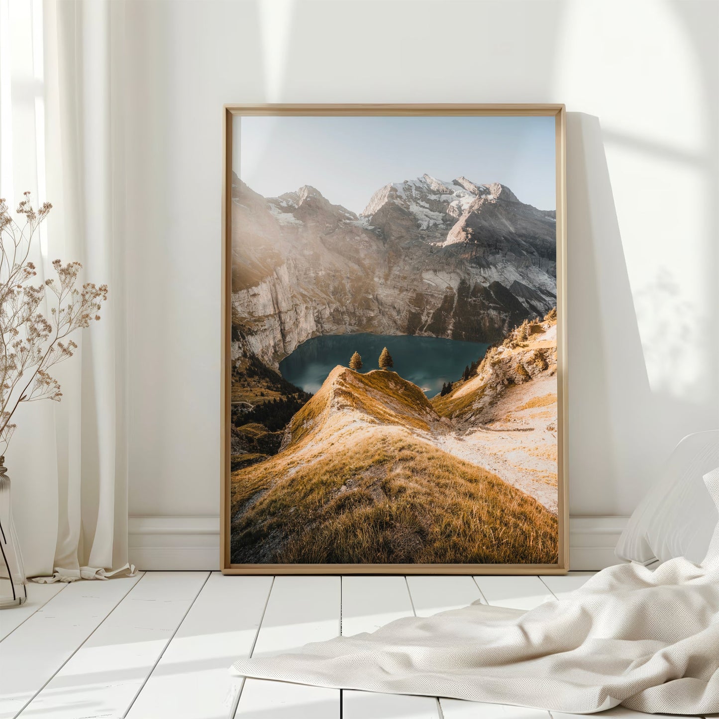 Picturesque Swiss mountain lake photography print of Oeschinensee, a nature lover’s dream destination.