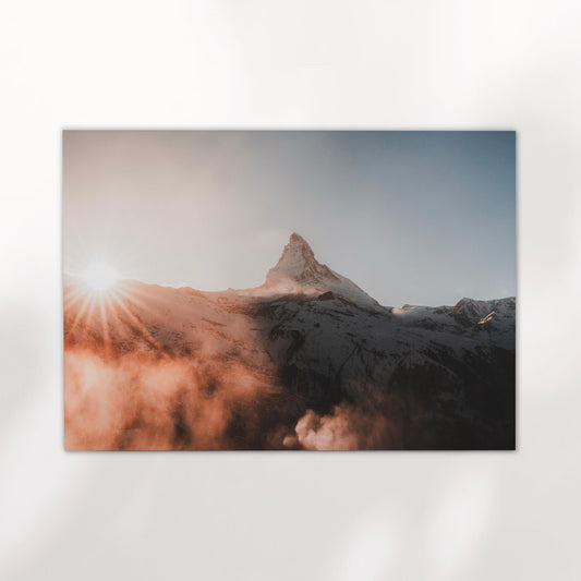 Stunning Swiss Alps mountain photography print showcasing the iconic Matterhorn at sunset.