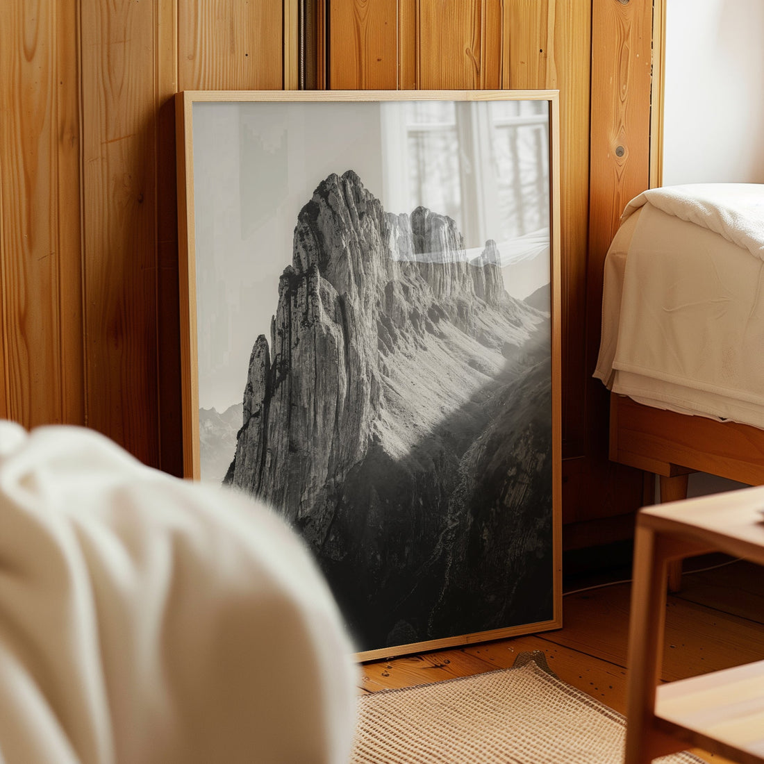 Swiss mountain wall art print featuring Saxer Lücke’s dramatic peaks in grayscale.