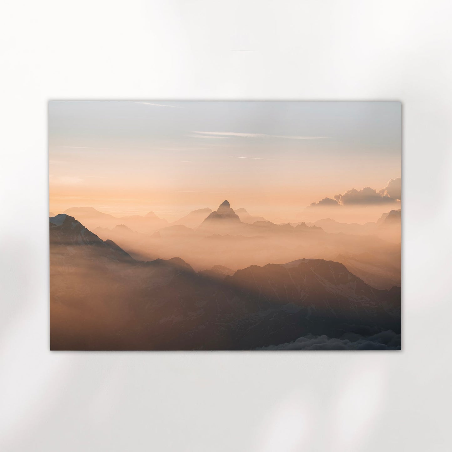 Swiss mountains photography print showcasing a dreamy golden sunrise behind the Matterhorn silhouette.
