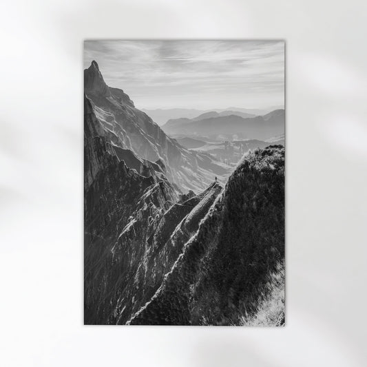 A stunning fine art print of a narrow mountain path along the Schäfler Ridge in the Swiss Alps.