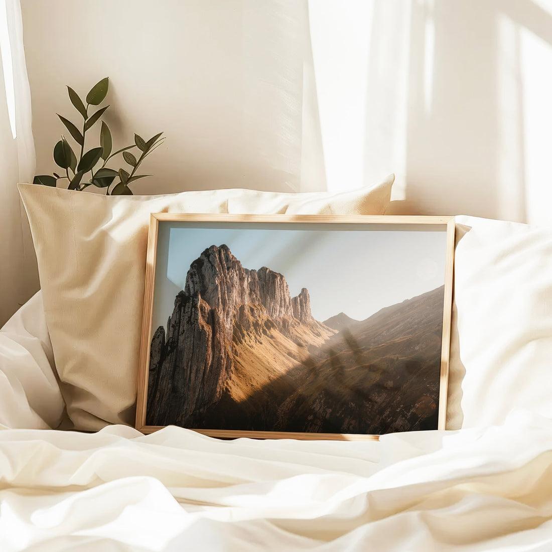 Modern Swiss mountainscape print capturing the unique rock peaks of Saxer Lücke in golden hour light.