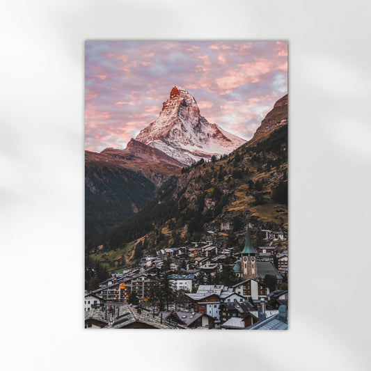 Breathtaking Swiss Alps photography print capturing Zermatt’s charming village beneath the Matterhorn.