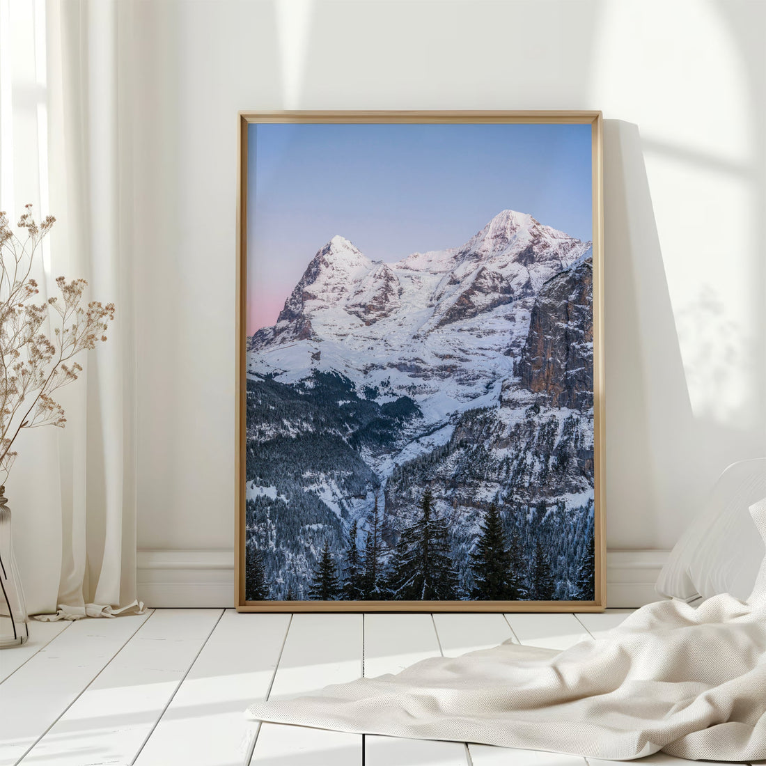 Switzerland-inspired wall decor featuring the majestic Eiger and Mönch peaks surrounded by snowy forests.