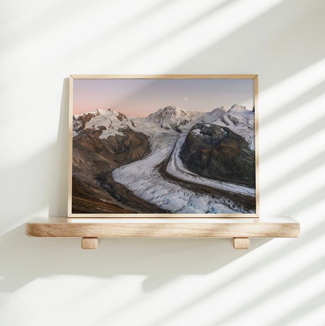 Fine art print of Switzerland’s iconic Gorner Glacier captured at dawn with Monte Rosa in the backdrop.
