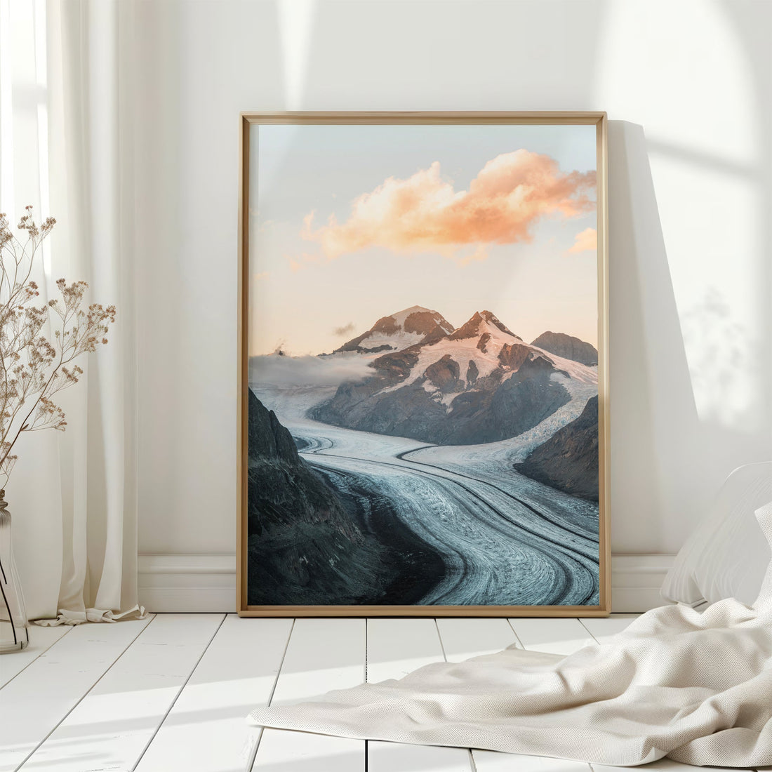 Scenic photography print showcasing the Aletsch Glacier’s stunning icy flow at dusk.