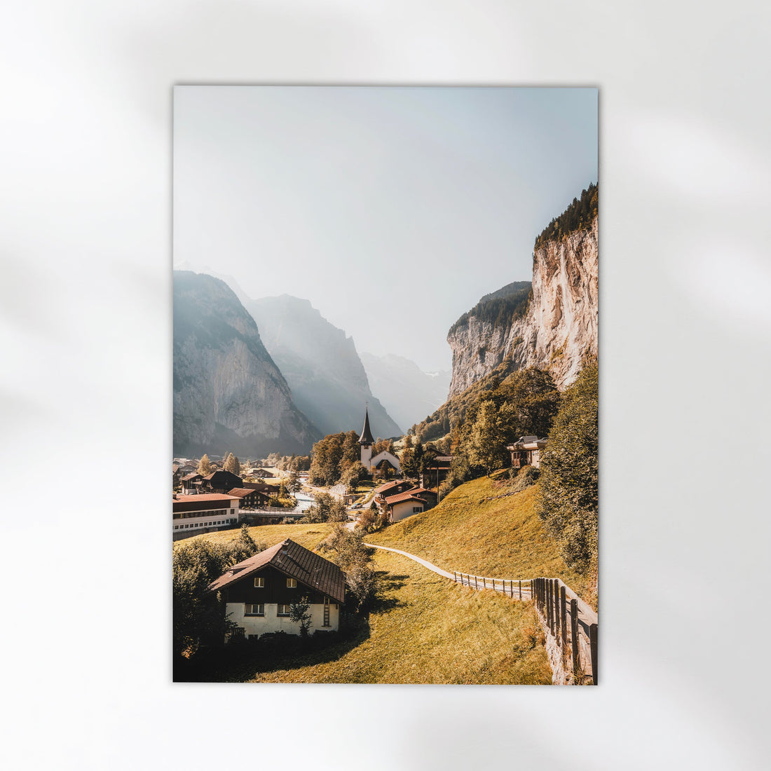 Beautiful Switzerland mountain photography print capturing the charm of Lauterbrunnen village.