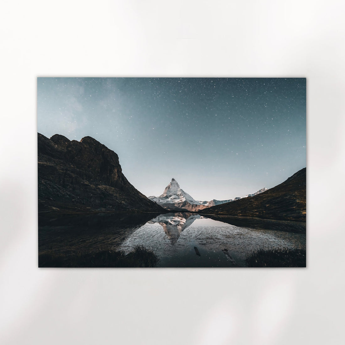 Serene Switzerland mountain lake wall art featuring the Matterhorn's reflection in Riffelsee.