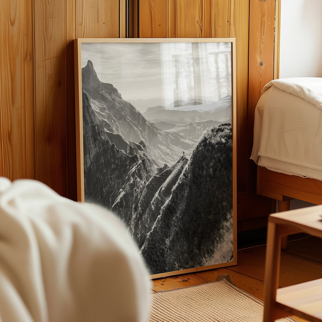 Black and white photography print of the Schäfler Ridgeline, capturing the dramatic Swiss mountain landscape.