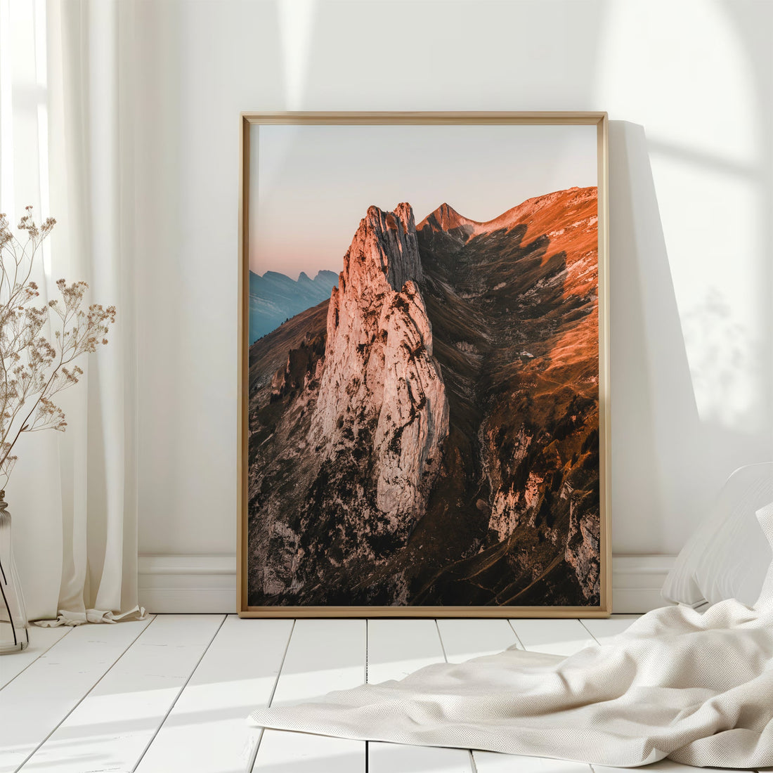 Stunning Saxer Lücke wall decor featuring the striking Swiss Alps scenery in golden-hour light.