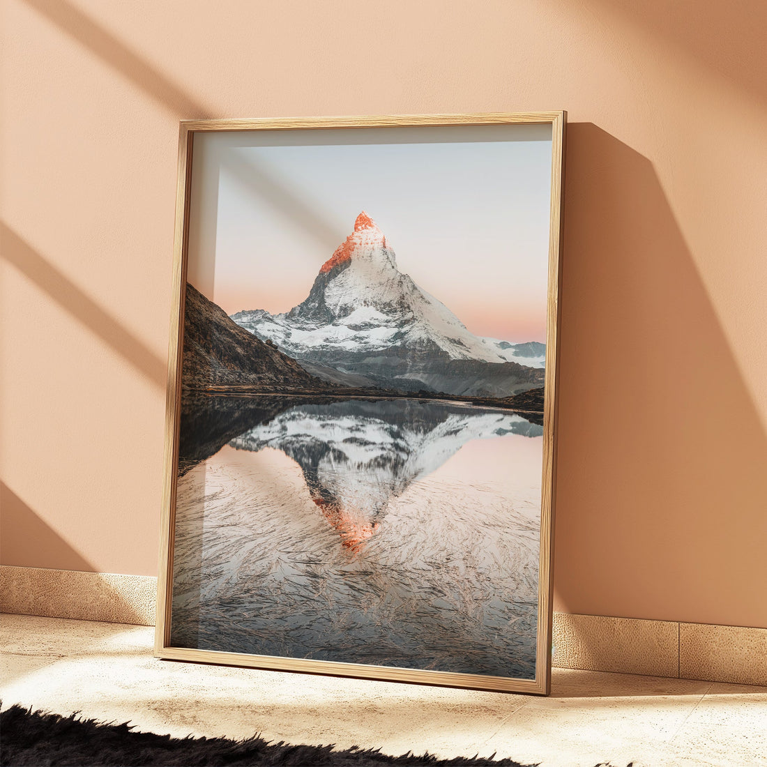 Scenic Switzerland wall art of Riffelsee reflecting the Matterhorn at dawn, perfect for alpine-inspired home decor.