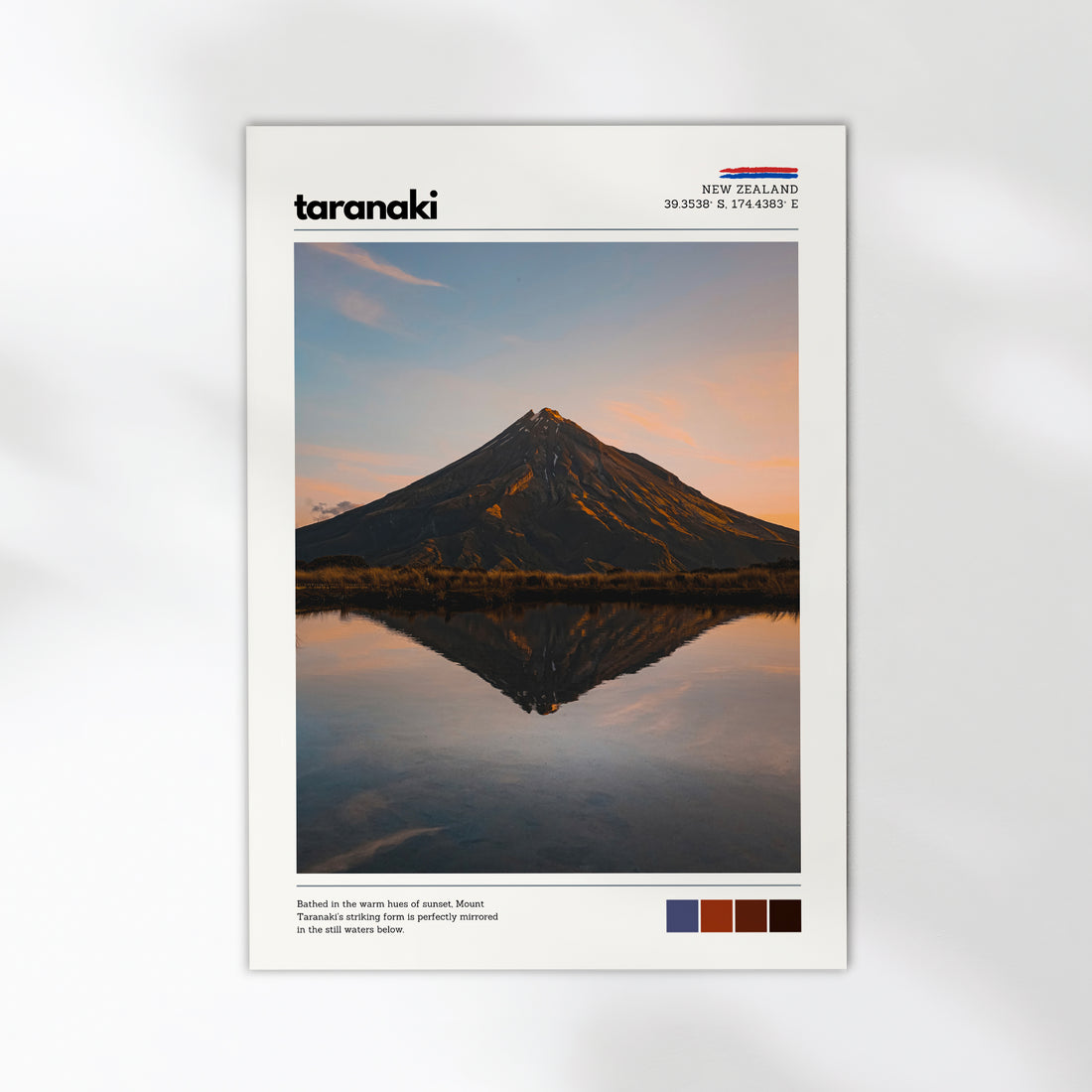 Mount Taranaki landscape wall art print with volcanic peak mirrored in calm water