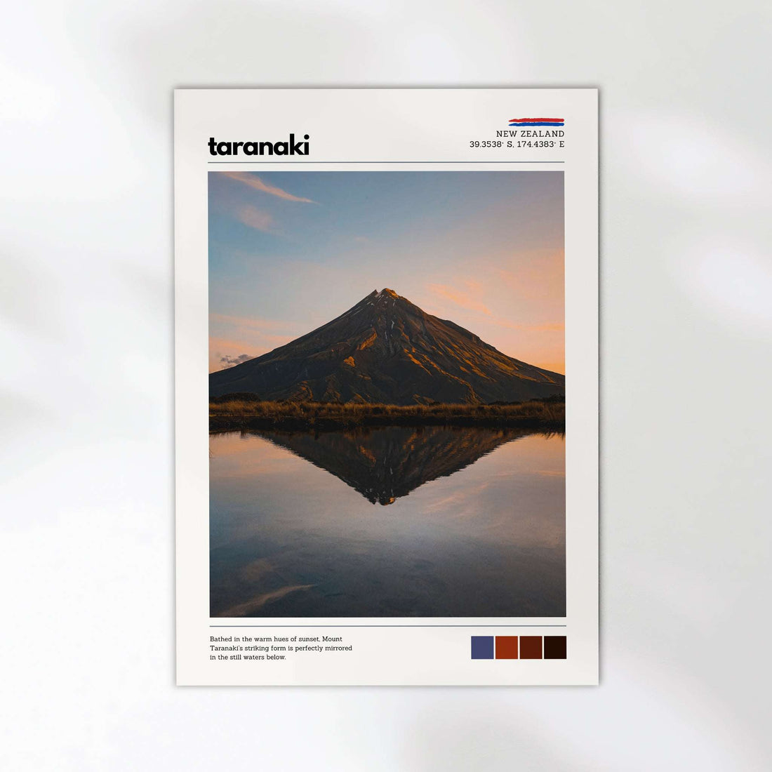 Mount Taranaki landscape wall art print with volcanic peak mirrored in calm water