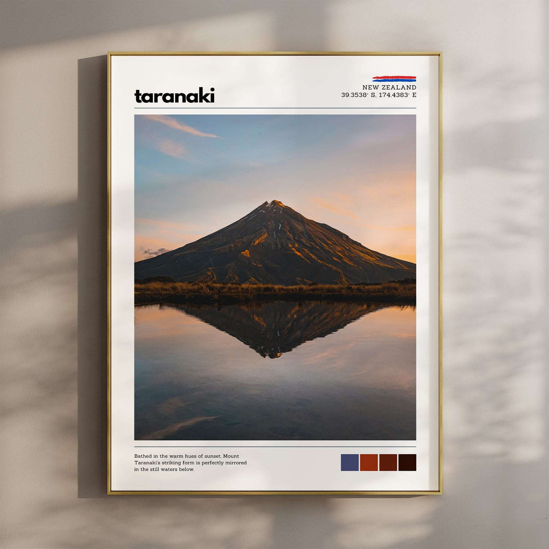 Fine art wall print of Mount Taranaki reflected in still water at sunset, New Zealand landscape photography