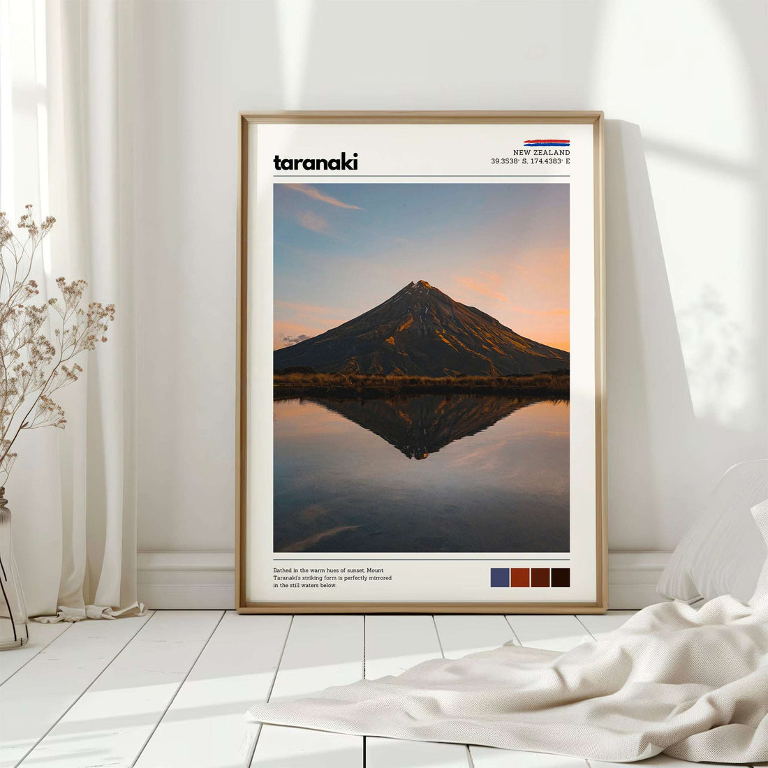 Mount Taranaki mountain wall art print styled in a minimal neutral interior space