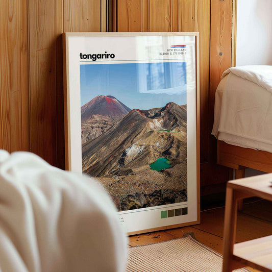 Tongariro Crossing wall art print styled in a warm interior with wooden chair and natural light
