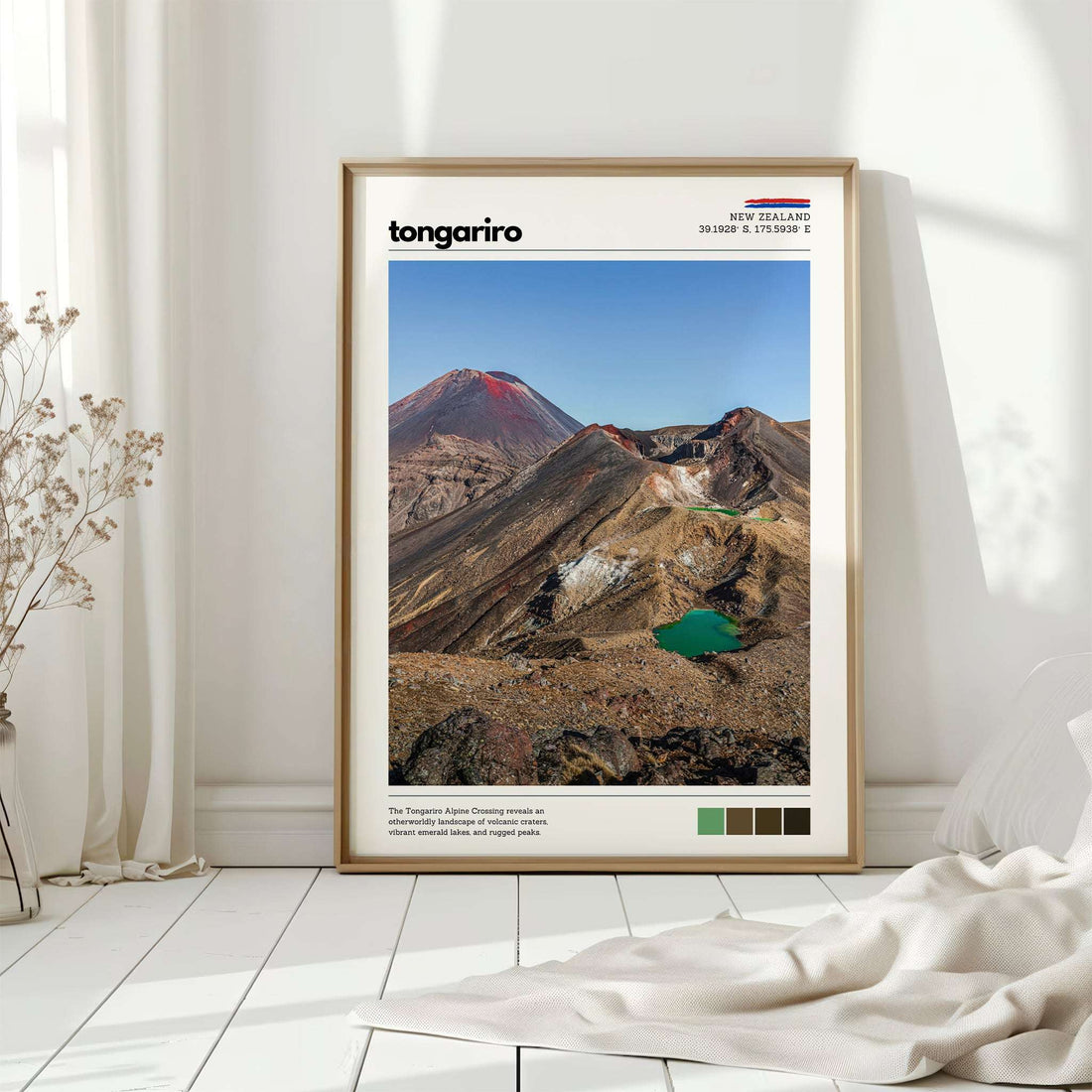 Tongariro Crossing wall art print displayed on the floor in a bright minimalist interior
