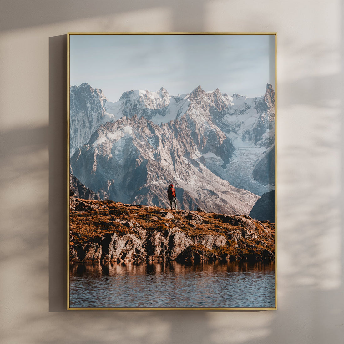 Stunning Tour du Mont Blanc hiking print featuring a hiker overlooking the French Alps.