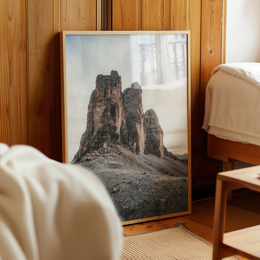 Fine art Dolomites landscape print of Tre Cime leaning on wooden wall