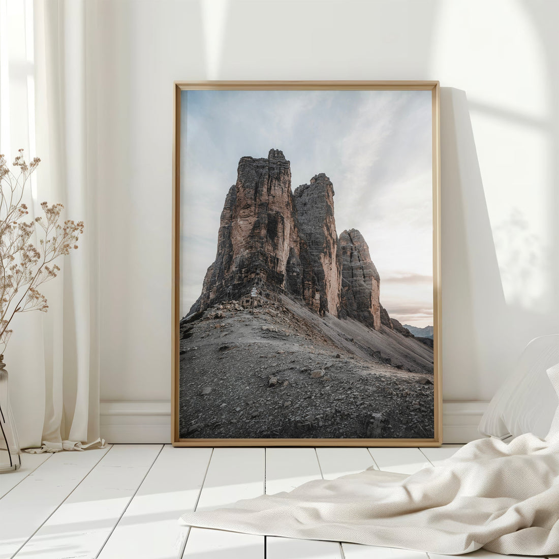 Large Tre Cime photography print in bright natural light interior