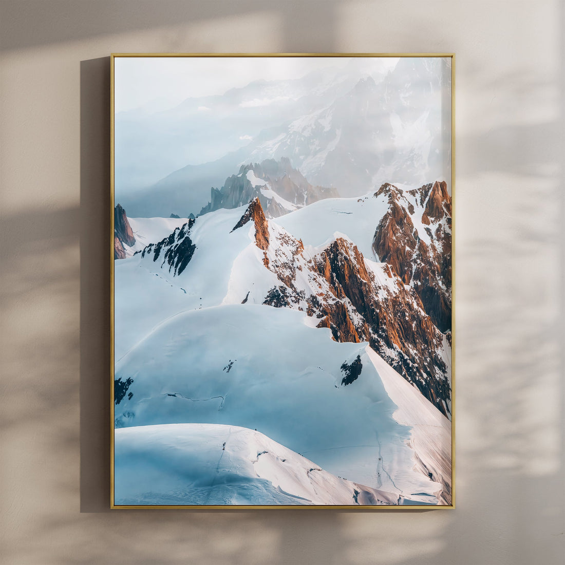 Stunning Trois Monts Route wall art print showcasing the iconic snow-covered peaks of Mont Blanc.