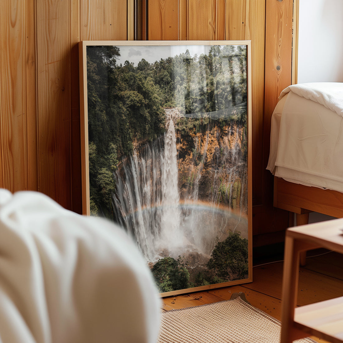 Tumpak Sewu Waterfall wall art print displayed in a minimalistic frame