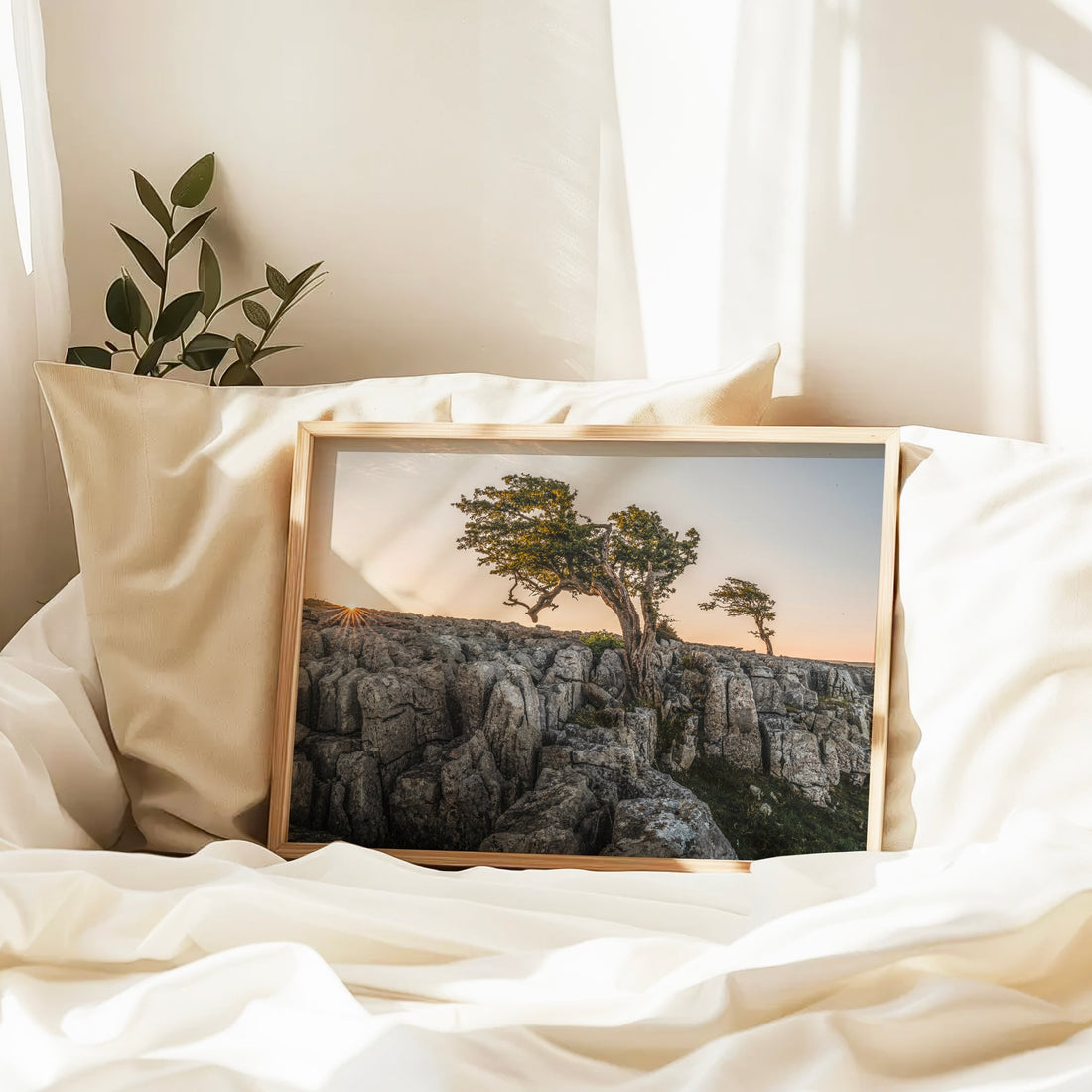 Nature wall art of Twisleton Scars beside pillows in soft natural light