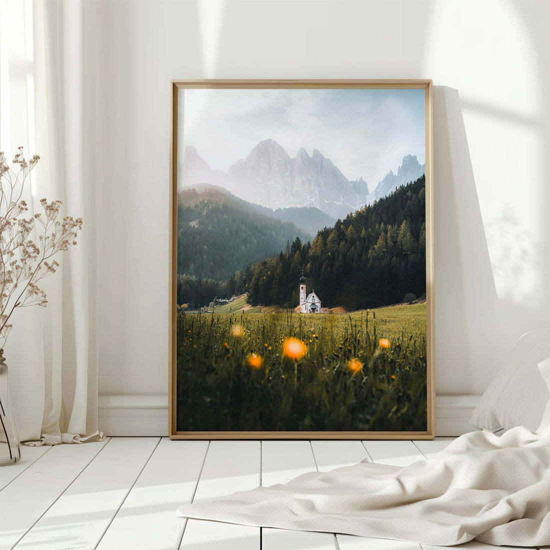 Nature-inspired wall art of St. John’s Church in a minimal, sunlit interior
