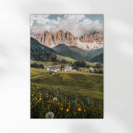 Detailed view of Val di Funes alpine scene with wildflowers and snowy Dolomites