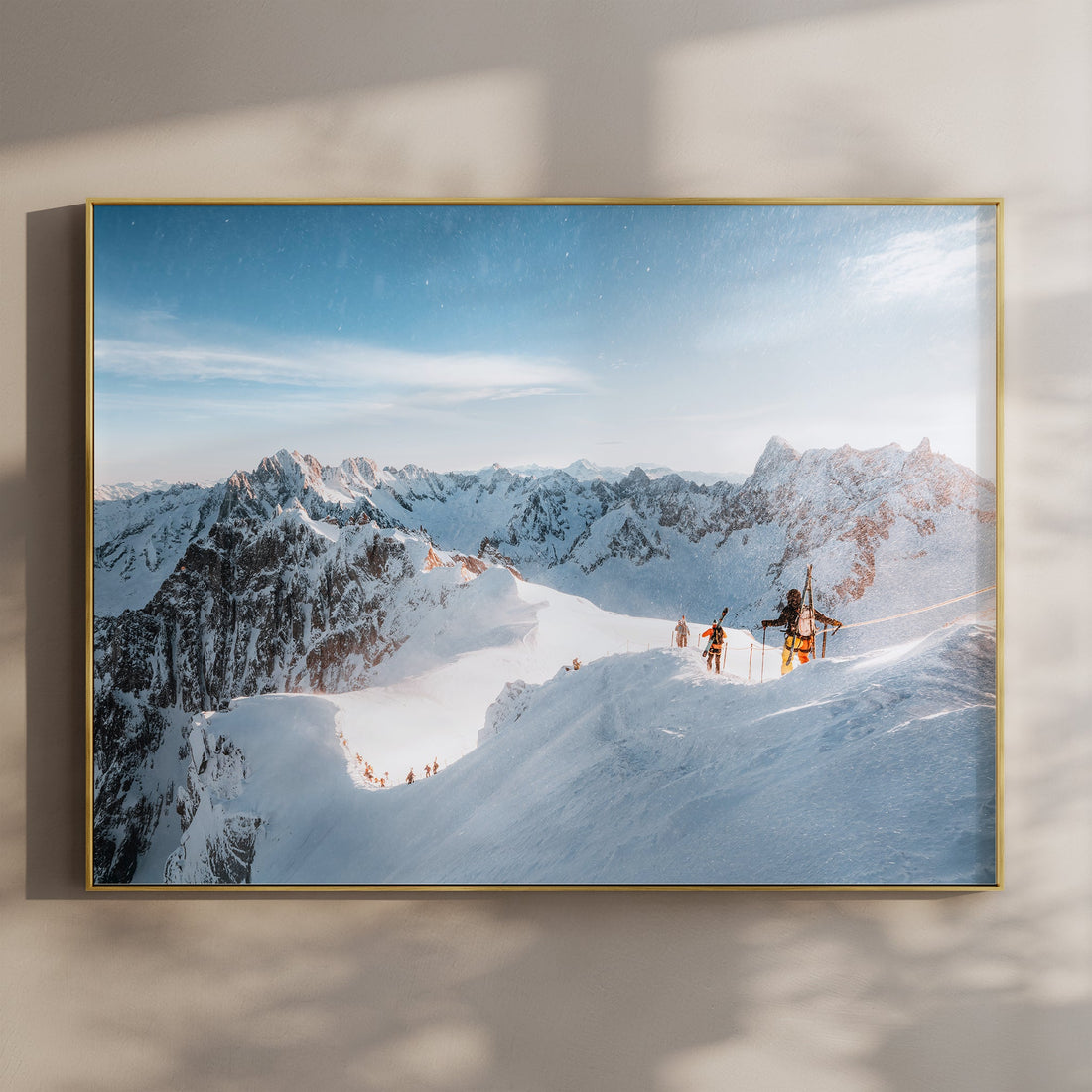 Fine art print of skiers descending Vallée Blanche in Chamonix, with snowy peaks and alpine blue skies.