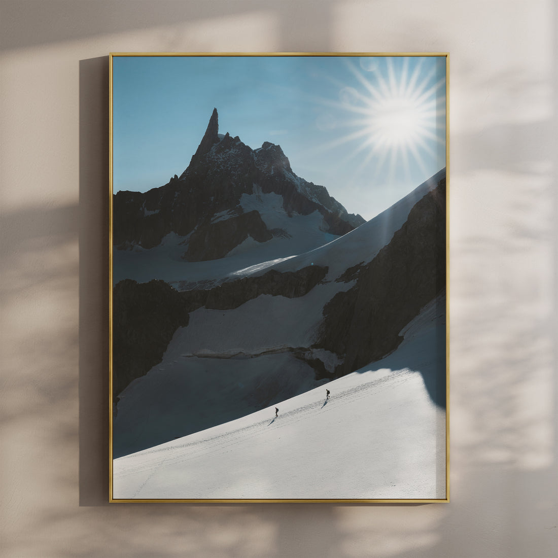Fine art photography print of mountaineers crossing the Vallée Blanche beneath the Dent du Géant — Chamonix alpine wall art for mountain lovers.
