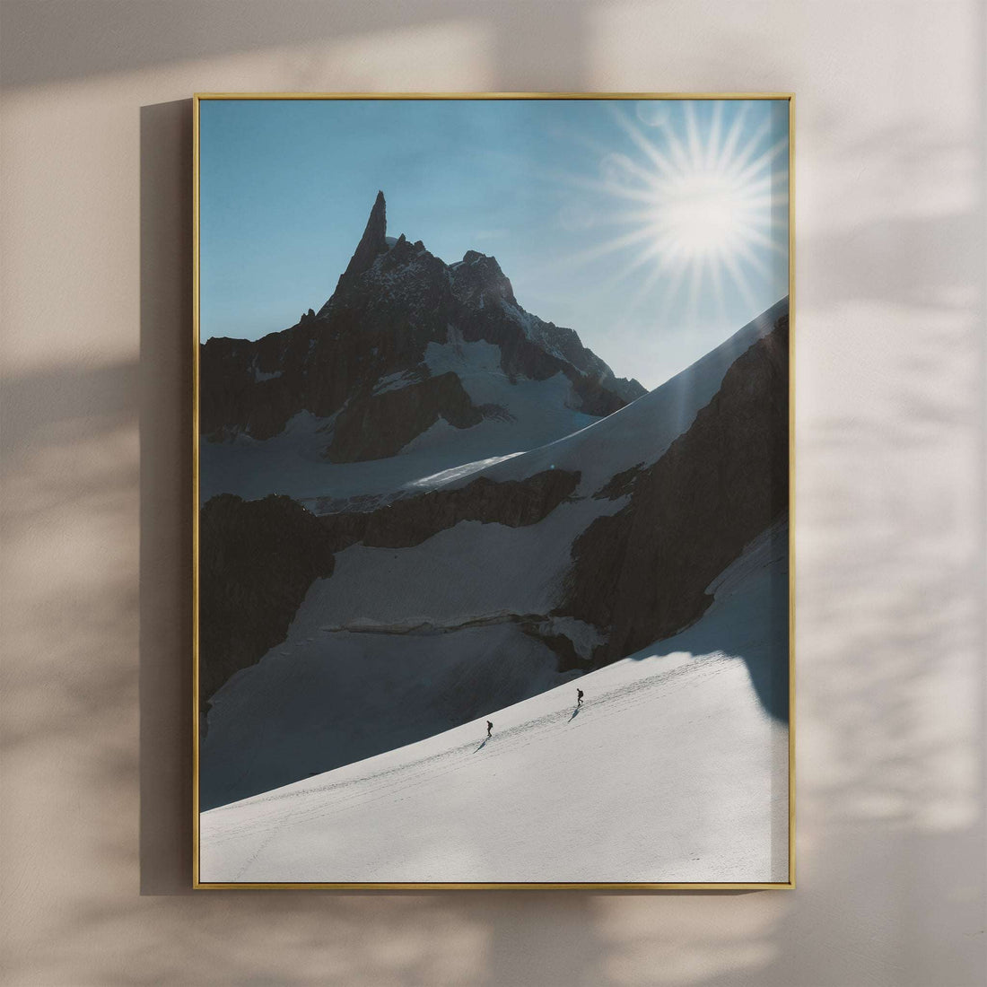 Fine art photography print of mountaineers crossing the Vallée Blanche beneath the Dent du Géant — Chamonix alpine wall art for mountain lovers.