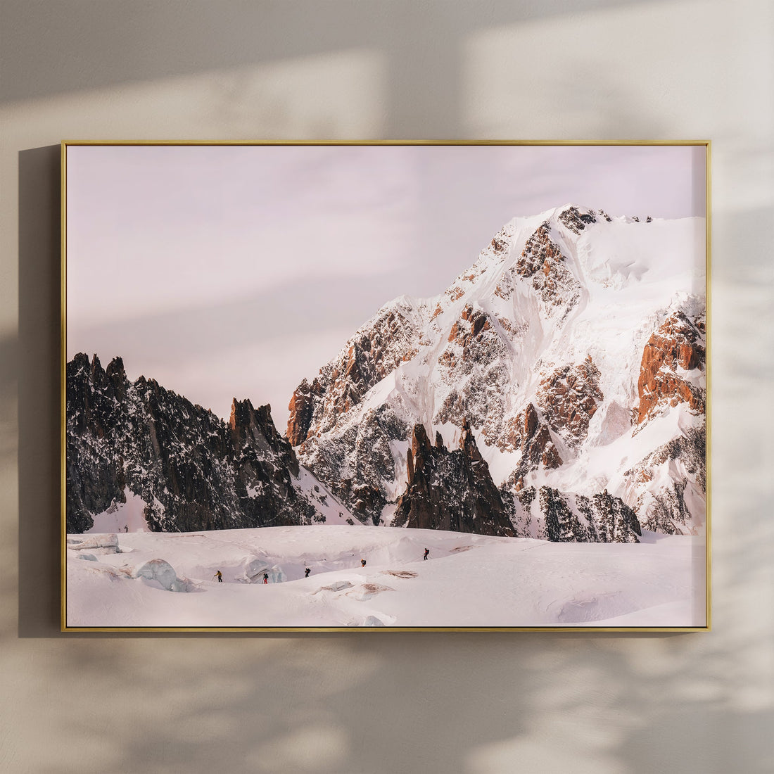 Stunning ski tour print of the Vallée Blanche, showcasing climbers crossing pristine alpine snow near Mont Blanc.