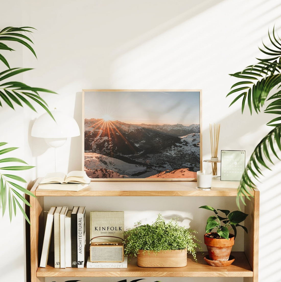 Dramatic Verbier winter landscape print showing the sunburst cresting above frosty alpine peaks.