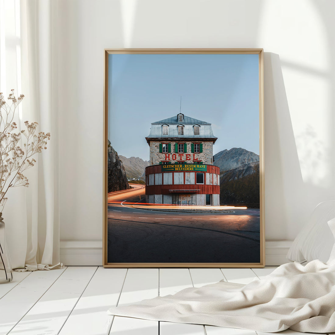 Vintage-style photography print of the abandoned Belvedere Hotel, a legendary Swiss Alps landmark.