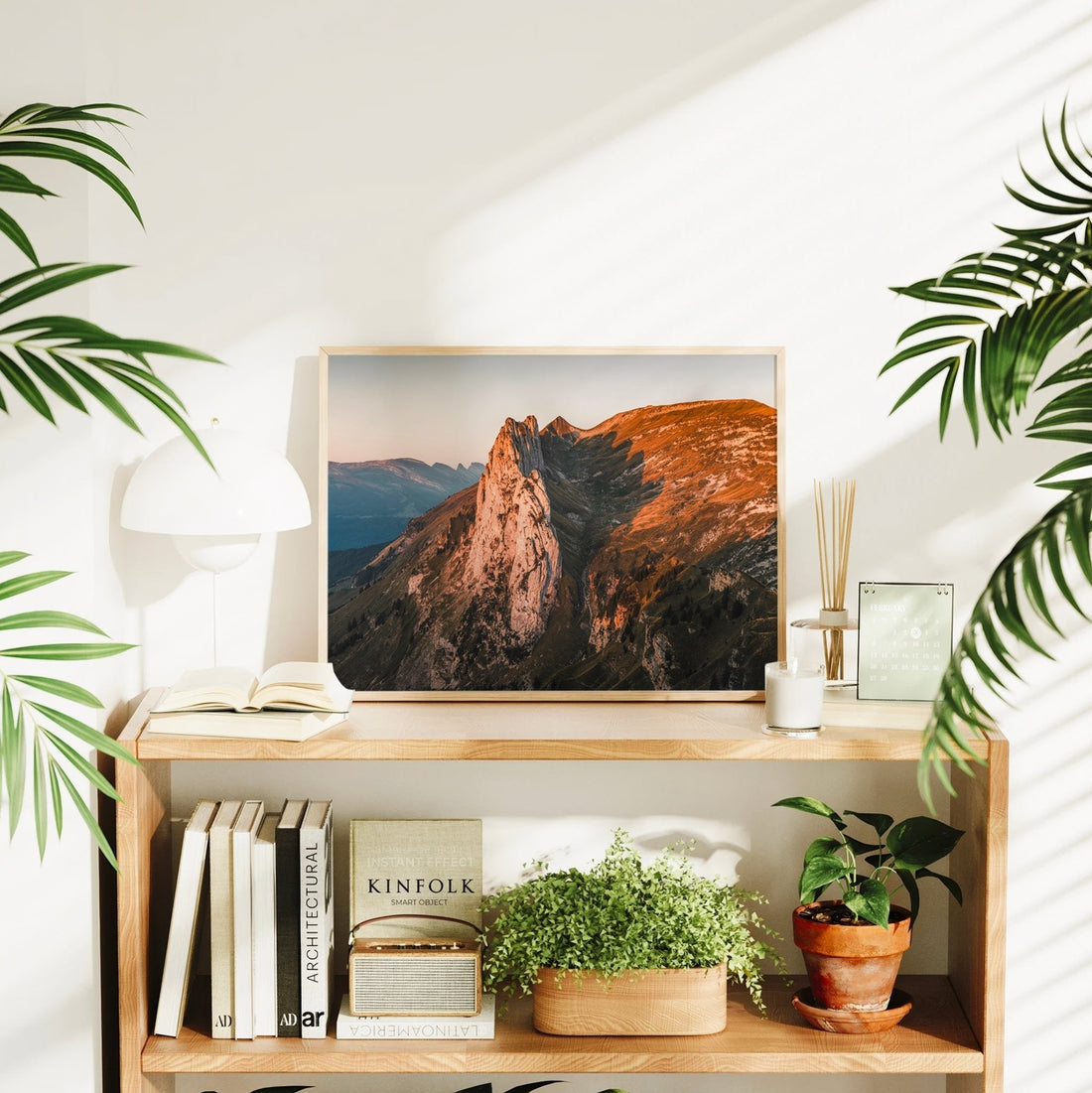 Wall art print with warm morning sunlight bathing the rocky terrain of Saxer Lücke in Switzerland.