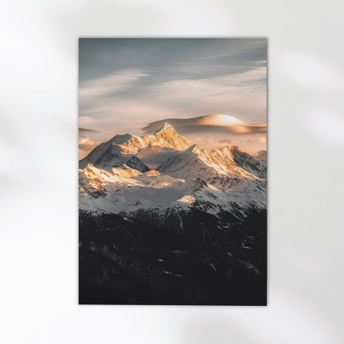 A breathtaking photography print of Weisshorn peak with dramatic alpine clouds.