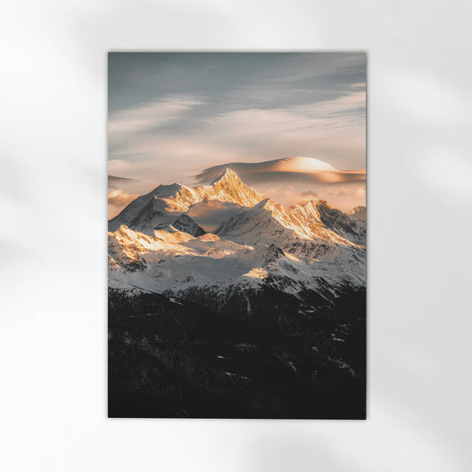 A breathtaking photography print of Weisshorn peak with dramatic alpine clouds.