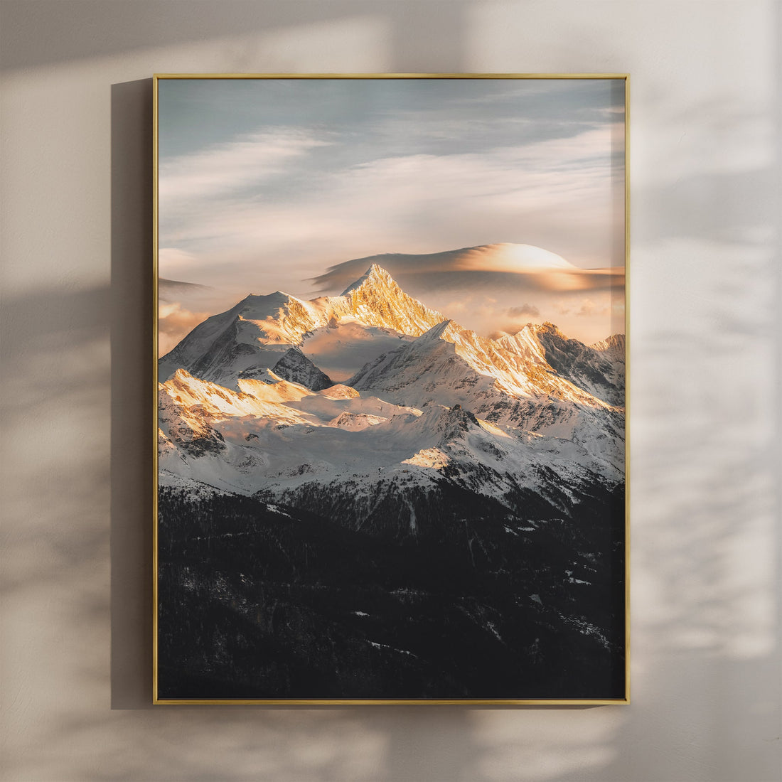 Stunning Weisshorn sunset wall art print featuring golden light on the Swiss Alps.