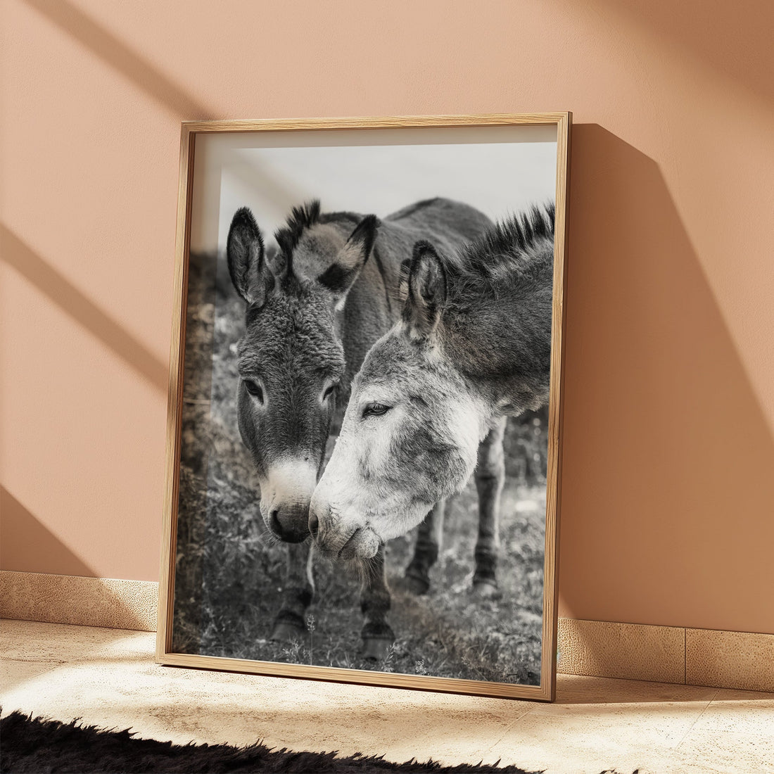 Donkey photo print displayed on a terracotta wall with soft afternoon shadows.