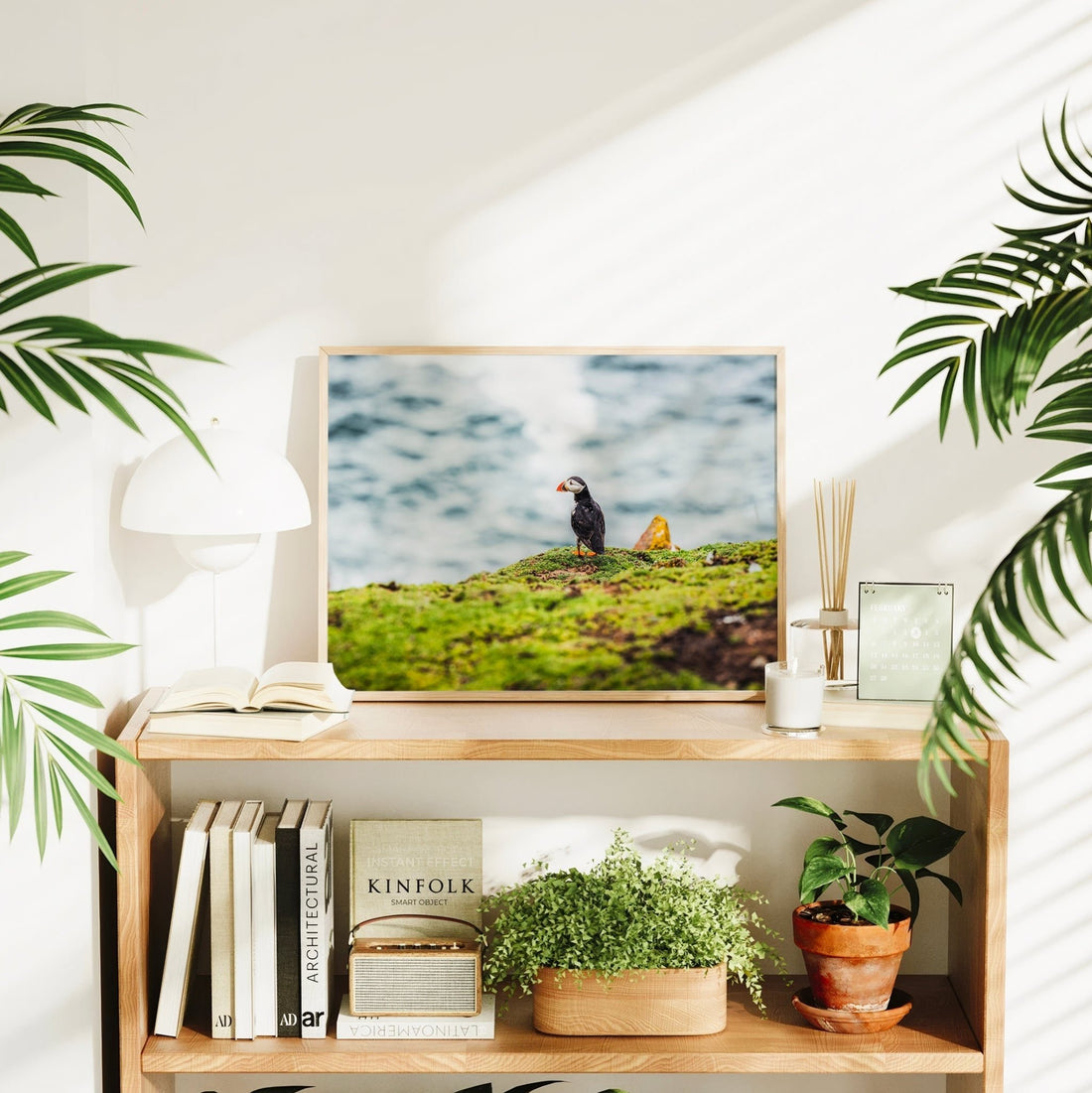 Framed puffin wall art print on a wooden shelf with natural lighting