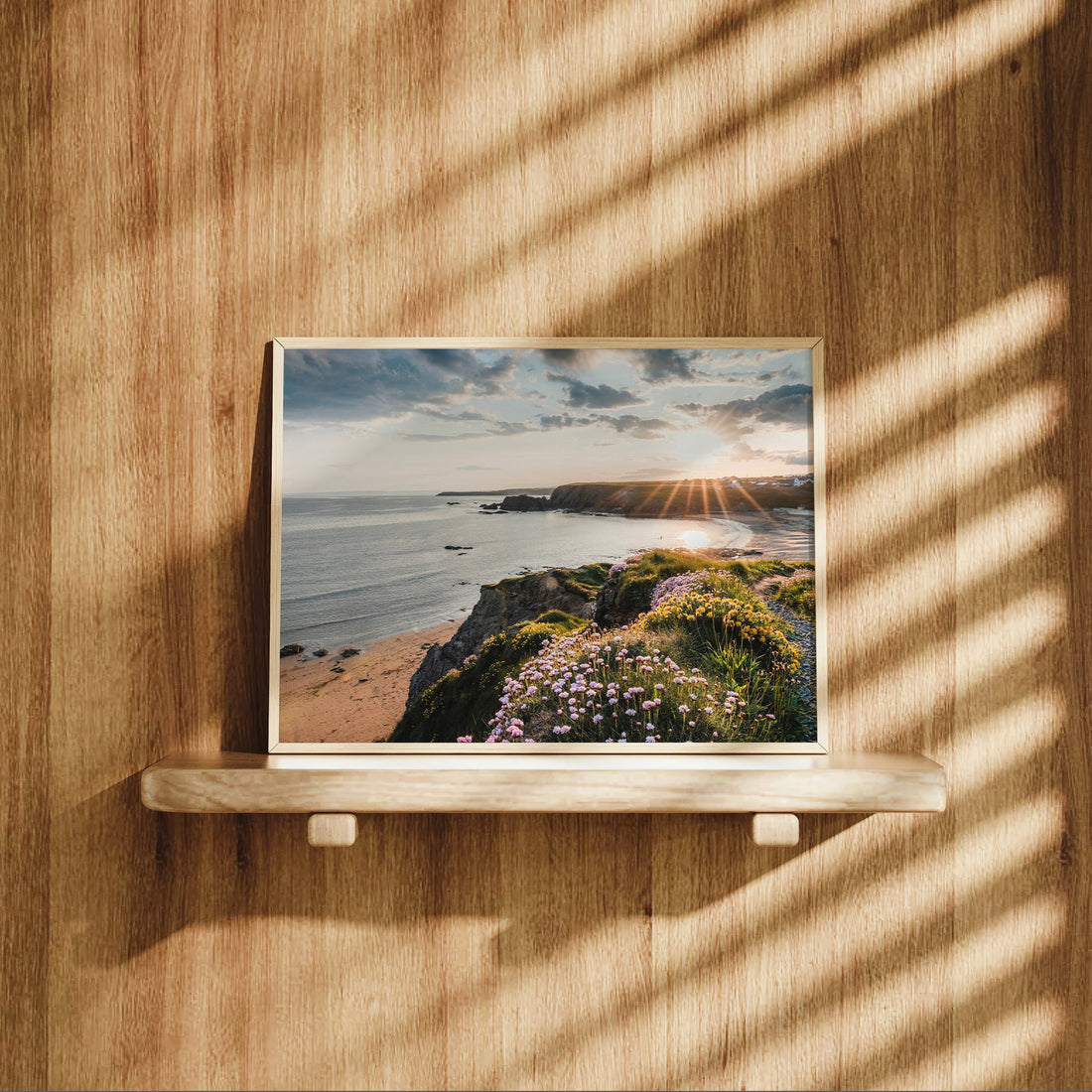 Wooden wall shelf display of Annestown coastal landscape art